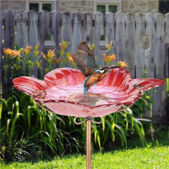 Outdoor Bird Bath Glass Birdbath Garden Birdfeeder with Metal Stake Red - Picture 2 of 7